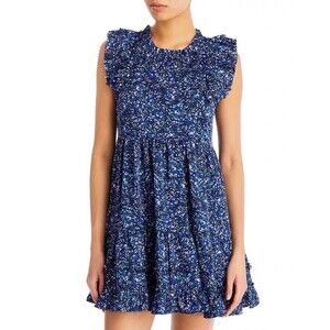 AQUA Womens Dress Medium Blue Floral Mini Shift Ruffle Pleated Babydoll Satin